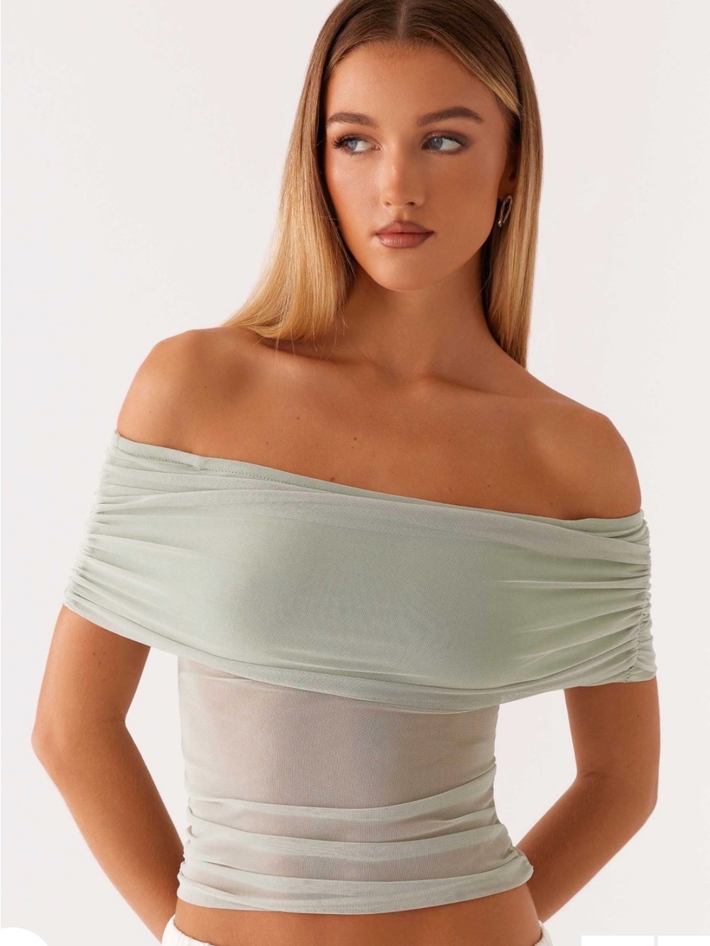 Peppermayo Off-Shoulder Sage Green Ruched Mesh Top